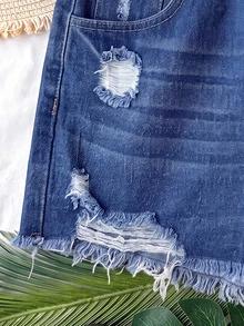 Soleia Plus Size Summer Casual Distressed Denim Shorts - Dark Wash - View 6