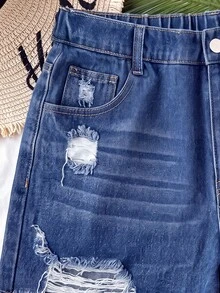 Soleia Plus Size Summer Casual Distressed Denim Shorts - Dark Wash - View 4