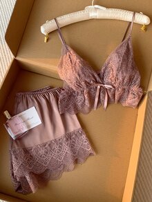 Comfortcana 对比色蕾丝边吊带背心搭配短裤睡衣套装/睡衣套装 - 藕粉色 - 查看 3