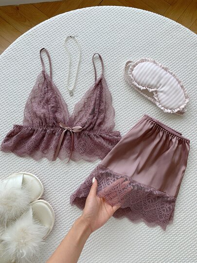Comfortcana Contrast Lace Trim Cami Top With Shorts PJ Set / Pajama Set