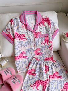 Comfortcana 女士休闲撞色豹纹树叶印花拼接翻领纽扣宽松睡衣套装 - 彩色 - 查看 8