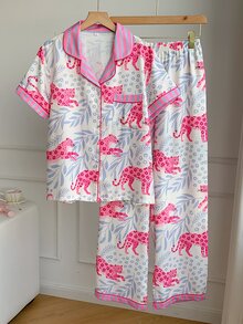 Comfortcana 女士休闲撞色豹纹树叶印花拼接翻领纽扣宽松睡衣套装 - 彩色 - 查看 4