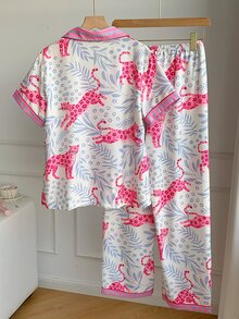 Comfortcana 女士休闲撞色豹纹树叶印花拼接翻领纽扣宽松睡衣套装 - 彩色 - 查看 2