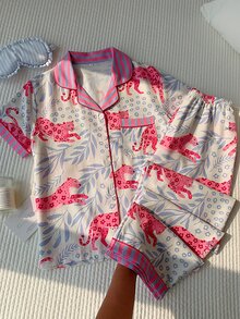 Comfortcana 女士休闲撞色豹纹树叶印花拼接翻领纽扣宽松睡衣套装 - 彩色 - 查看 3
