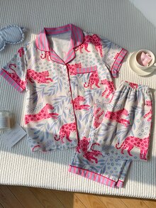 Comfortcana 女士休闲撞色豹纹树叶印花拼接翻领纽扣宽松睡衣套装 - 彩色 - 查看 5