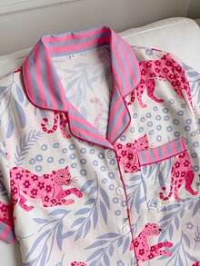 Comfortcana 女士休闲撞色豹纹树叶印花拼接翻领纽扣宽松睡衣套装 - 彩色 - 查看 7