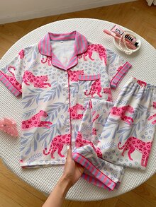 Comfortcana 女士休闲撞色豹纹树叶印花拼接翻领纽扣宽松睡衣套装 - 彩色 - 查看 6