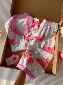 Comfortcana 女士休闲撞色豹纹树叶印花拼接翻领纽扣宽松睡衣套装 - 彩色 - 查看 1