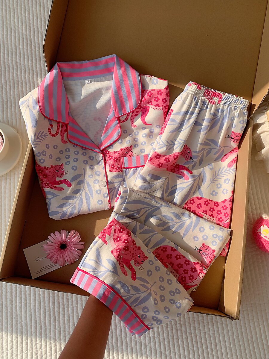 Comfortcana 女士休闲撞色豹纹树叶印花拼接翻领纽扣宽松睡衣套装 - 彩色 - 查看 1