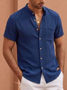 EASEVO Men's Plus Size Solid Color Single-Breasted Casual Versatile Daily Wear Shirt - Navy Blue - View 7