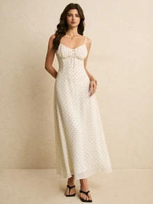 Poéselle 女款白色波點前綁帶式洋裝，1960年代復古優雅夏季洋裝，休閒度假穿搭，上班穿搭，夏季洋裝 - 杏色 - 查看 6