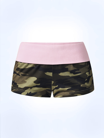 Y2Kool Calções femininos casuais de estilo urbano Y2K punk Hot Girl em rosa camuflado colorblock, adequados para festas de primavera/verão, férias em ilha, festivais de música, festivais de EDM e looks diários de desporto de corrida