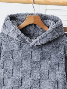 SHEIN 兒童青少年男孩秋冬極簡端莊休閒連帽長袖格紋紋理法蘭絨居家睡衣套裝 2件組 萬聖節秋季居家休閒 - 灰色 - 查看 3
