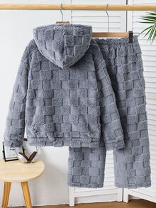 SHEIN 兒童青少年男孩秋冬極簡端莊休閒連帽長袖格紋紋理法蘭絨居家睡衣套裝 2件組 萬聖節秋季居家休閒 - 灰色 - 查看 8