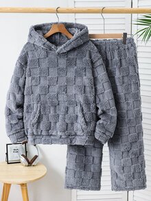 SHEIN 兒童青少年男孩秋冬極簡端莊休閒連帽長袖格紋紋理法蘭絨居家睡衣套裝 2件組 萬聖節秋季居家休閒 - 灰色 - 查看 7