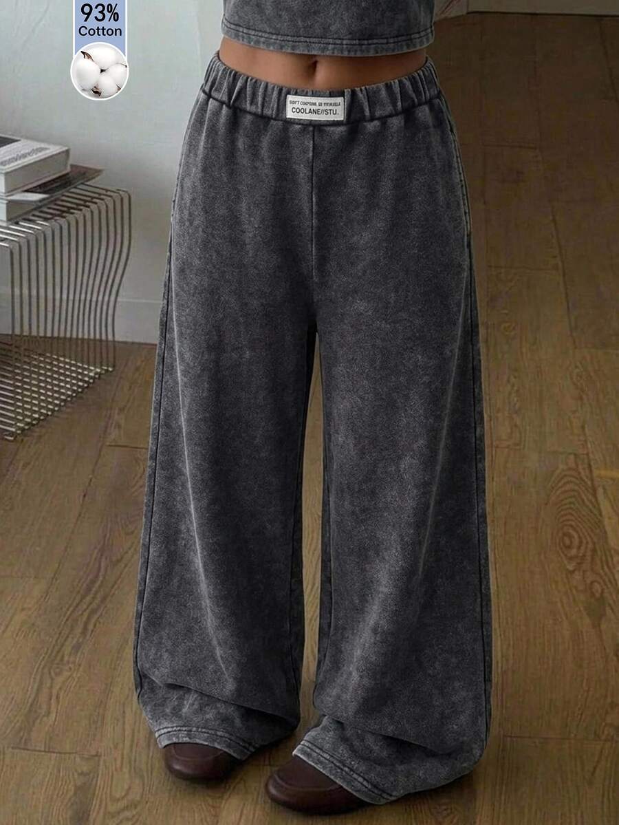 SHEIN 青少年女孩字母貼布裝飾寬腿長褲 - 咖啡棕 - 查看 1
