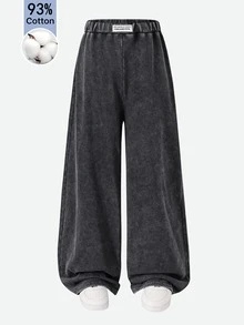 SHEIN 青少年女孩字母貼布裝飾寬腿長褲 - 咖啡棕 - 查看 3