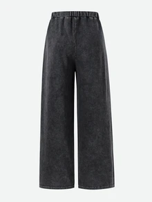 SHEIN 青少年女孩字母貼布裝飾寬腿長褲 - 咖啡棕 - 查看 4
