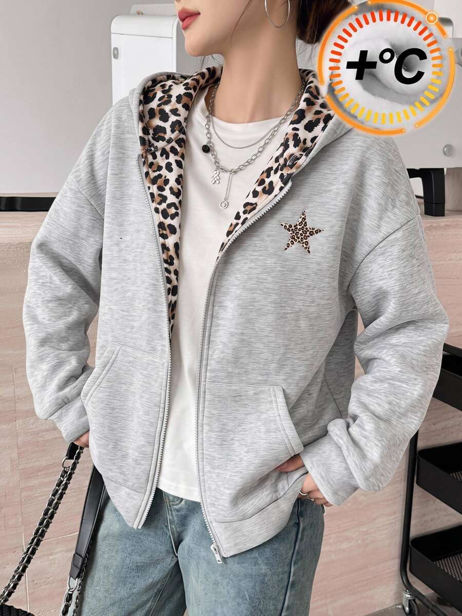 SHEIN Kids Teen Girl Sweatshirts, Autumn Hooded Sweatshirt Jacket, Personalized Leopard Print Double Layer Design, Casual Versatile, Back-To-School Outfit. - Light Grey - View 1