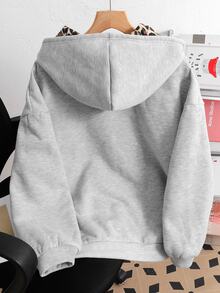 SHEIN 青少年女孩運動衫，秋季連帽運動外套，個性化豹紋雙層設計，青少年女孩雙層連帽運動衫，休閒百搭，適合戶外、購物，穿著舒適 - 淺灰色 - 查看 2