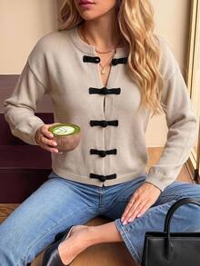 Vivid Eden New Chinese Style Frog Button Cardigan Jacket With Stand Collar Long Sleeve Sweater Black Contrast Fall French Elegant Tea Party Everyday Brunch - Khaki - View 3