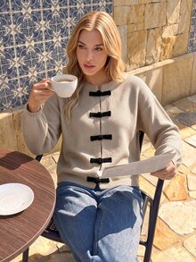 Vivid Eden New Chinese Style Frog Button Cardigan Jacket With Stand Collar Long Sleeve Sweater Black Contrast Fall French Elegant Tea Party Everyday Brunch - Khaki - View 7