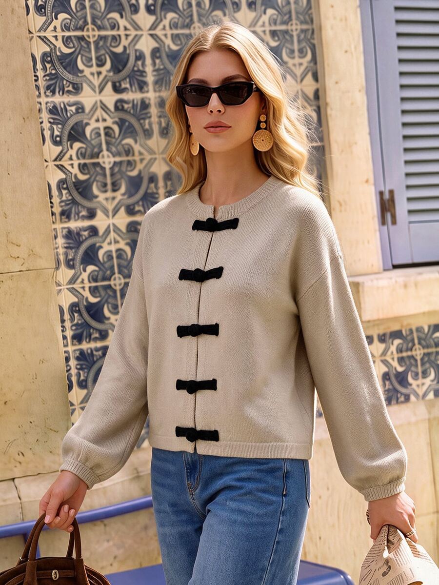 Vivid Eden New Chinese Style Frog Button Cardigan Jacket With Stand Collar Long Sleeve Sweater Black Contrast Fall French Elegant Tea Party Everyday Brunch - Khaki - View 1