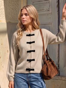 Vivid Eden New Chinese Style Frog Button Cardigan Jacket With Stand Collar Long Sleeve Sweater Black Contrast Fall French Elegant Tea Party Everyday Brunch - Khaki - View 6