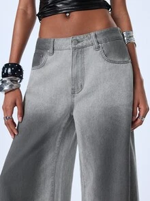 Y2Kool Women's Casual Y2k Washed Gradient Straight Leg Jeans Night Out Light Grey Summer - Light Grey - View 5