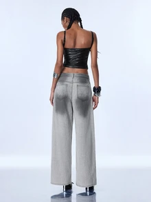 Y2Kool Women's Casual Y2k Washed Gradient Straight Leg Jeans Night Out Light Grey Summer - Light Grey - View 6
