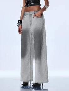 Y2Kool Women's Casual Y2k Washed Gradient Straight Leg Jeans Night Out Light Grey Summer - Light Grey - View 4