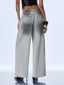 Y2Kool Women's Casual Y2k Washed Gradient Straight Leg Jeans Night Out Light Grey Summer - Light Grey - View 2