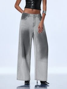 Y2Kool Women's Casual Y2k Washed Gradient Straight Leg Jeans Night Out Light Grey Summer - Light Grey - View 3