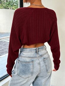 SHEIN EZwear 1件輕量透視短版開襟衫，長袖上衣，秋冬針織毛衣 - 酒紅色 - 查看 2
