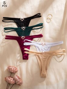 Snug Zone 5件套舒适心形水钻装饰浪漫纯色女士丁字裤性感内裤 - 彩色 - 查看 3