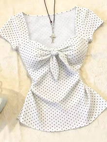 IslaSuriya Women's Casual Polka Dot Print Tie Front T-Shirt, Summer - White - View 3