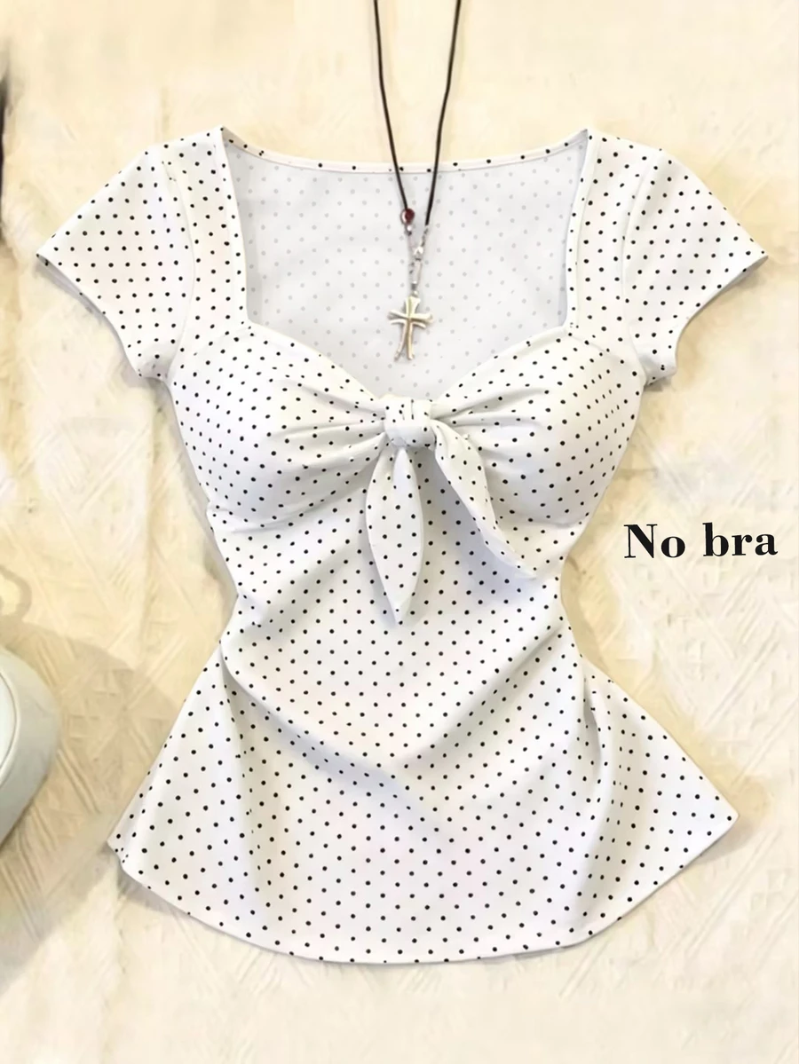 IslaSuriya Women's Casual Polka Dot Print Tie Front T-Shirt, Summer - White - View 1