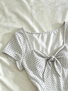 IslaSuriya Women's Casual Polka Dot Print Tie Front T-Shirt, Summer - White - View 4