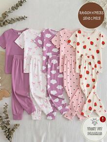 SHEIN LMoss Kids 少女休閒極簡可愛波點草莓愛心印花，甜美奶油風，舒適短袖長褲拼接褲腳貼身家居服，適合春夏，圖案、軟萌、卡哇伊、舒適 - 彩色 - 查看 2