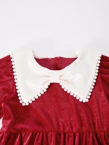SHEIN 秋季女童長袖紅色亮片仿珍珠領洋裝，優雅仙女風派對嬰兒洗禮 7 歲生日公主裙，適合婚禮與生日 - 紅色 - 查看 8