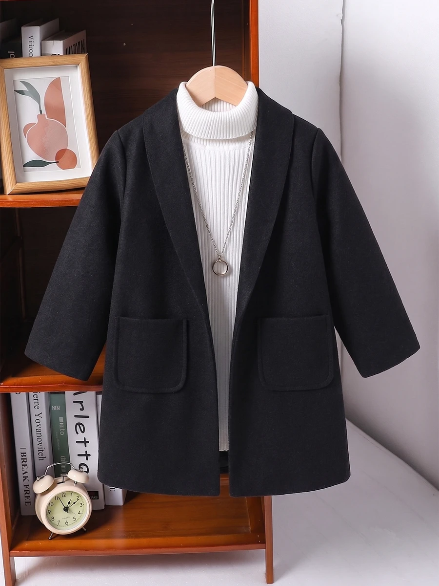 SHEIN Young Boy Pocket Patched Open Front Overcoat Autumn Fall - Black - View 1