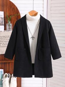SHEIN Young Boy Pocket Patched Open Front Overcoat Autumn Fall - Black - View 6