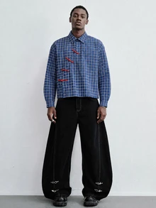 ROMWE MEN Street Life 男士新款中式風格藍白格紋長袖襯衫，紅色手工盤扣，寬鬆休閒百搭上衣 - 彩色 - 查看 8