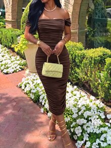 Slaydiva Women Brown Off Shoulder Midi Dress Ruched Waist Short Sleeve Bodycon Party Dress Wedding Guest Cocktail Party Slim Pencil Mid Length Dress - Brown - View 8