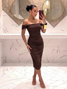 Slaydiva Women Brown Off Shoulder Midi Dress Ruched Waist Short Sleeve Bodycon Party Dress Wedding Guest Cocktail Party Slim Pencil Mid Length Dress - Brown - View 2