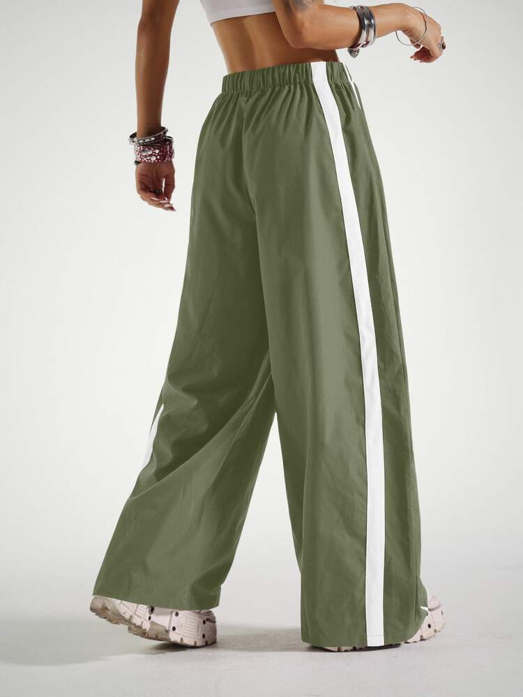 StreetHx Women's Striped Elastic Waist Fashionable Versatile Loose Sports Barrel Leg Pants - Green - View 2