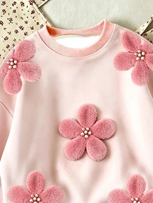 SHEIN 女童粉色圓領抓絨衛衣，秋冬新款 3D 感毛絨珍珠花卉印花，柔軟舒適休閒套頭內搭，韓風寬鬆落肩長袖百搭外出上衣，適合幼童 - 彩色 - 查看 4