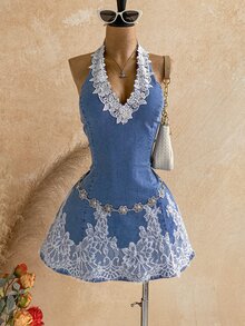 Soleia 女款對比蕾絲時尚掛脖迷你洋裝 - 藍色 - 查看 6