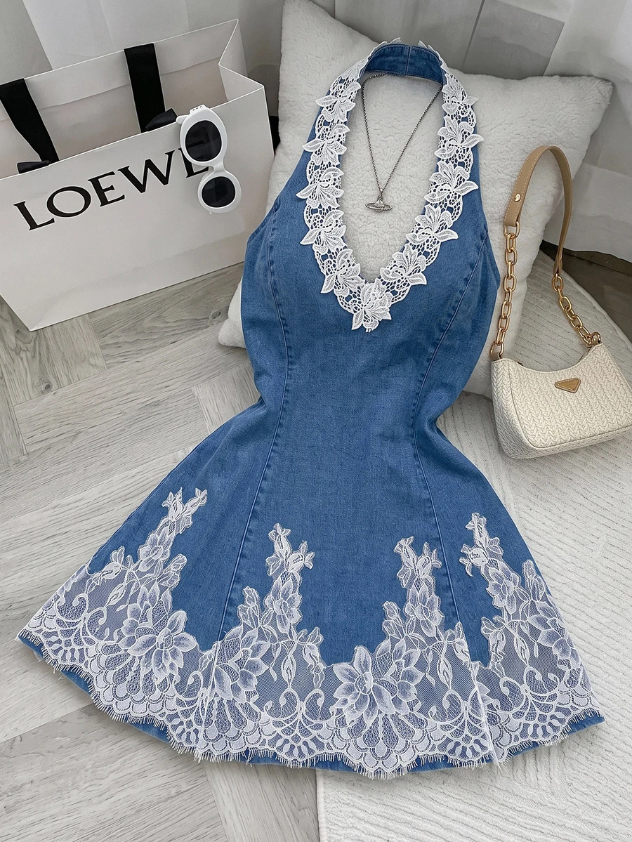 Soleia Women's Contrast Lace Fashion Halter Mini Dress - Blue - View 1
