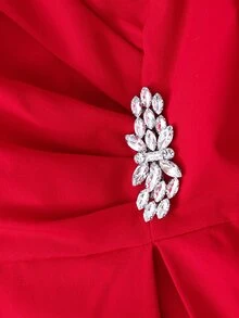 Girls' Red Summer Elegant Formal Lapel Collar Long Puff Sleeve Rhinestone Button Decor Dress - Red - View 5